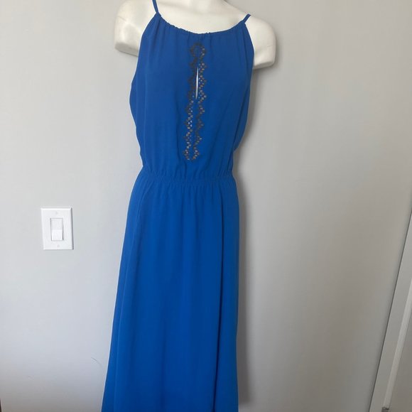 Red Saks 5th Avenue Beautiful Royal blue with gold beads maxi halter dress - Picture 9 of 9